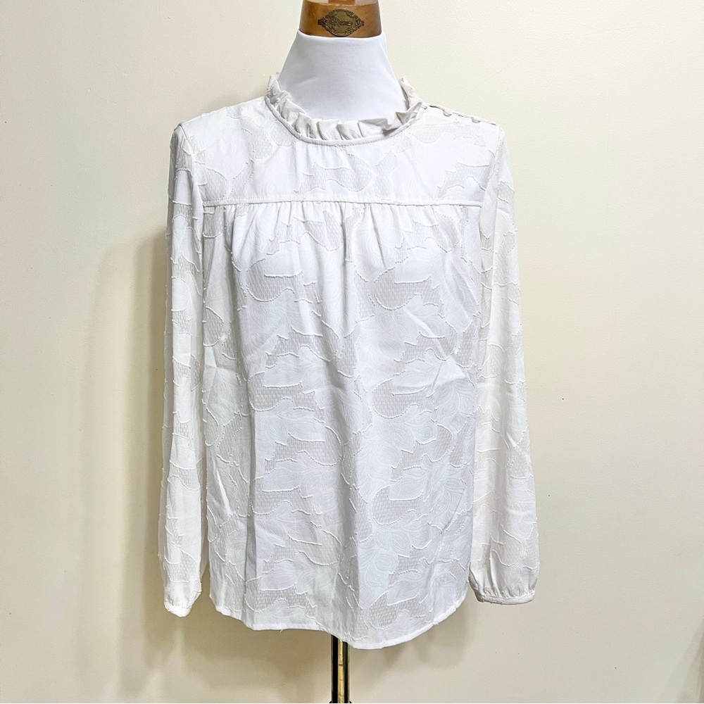 Banana Republic Factory White Blouse with Ruffled Bib Collar and Relaxed Sleeves